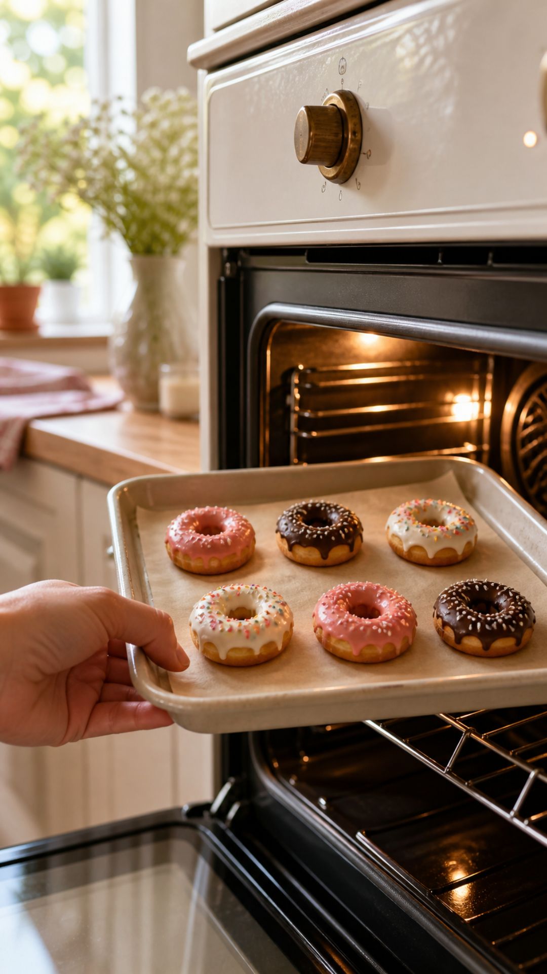 Hand sliding a parchment-lined baking tray holding six polymer clay donut magnets in pink and chocolate glaze into a clean white home oven with warm natural light coming through a nearby window