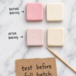 Overhead flat lay comparison of polymer clay color test squares on white marble showing four clay pieces before baking in the top row and the same four pieces after baking in the bottom row with a small handwritten kraft card reading test before full batch