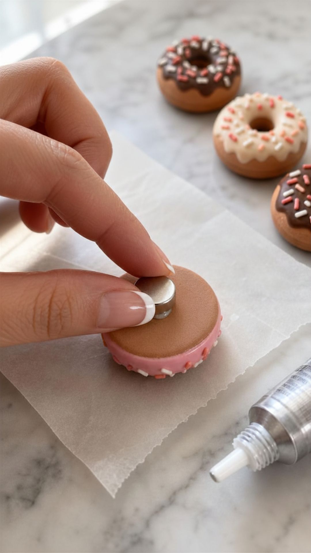 Close-up of a finger pressing a small silver neodymium disc magnet onto the flat bottom of a finished pink polymer clay donut magnet with a dot of E6000 adhesive visible on wax paper surface