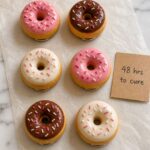 Overhead view of six glazed and sprinkled polymer clay donut magnets on a parchment-lined white ceramic baking tray with a small handwritten kraft card reading 275°F 30 mins on a white marble surface
