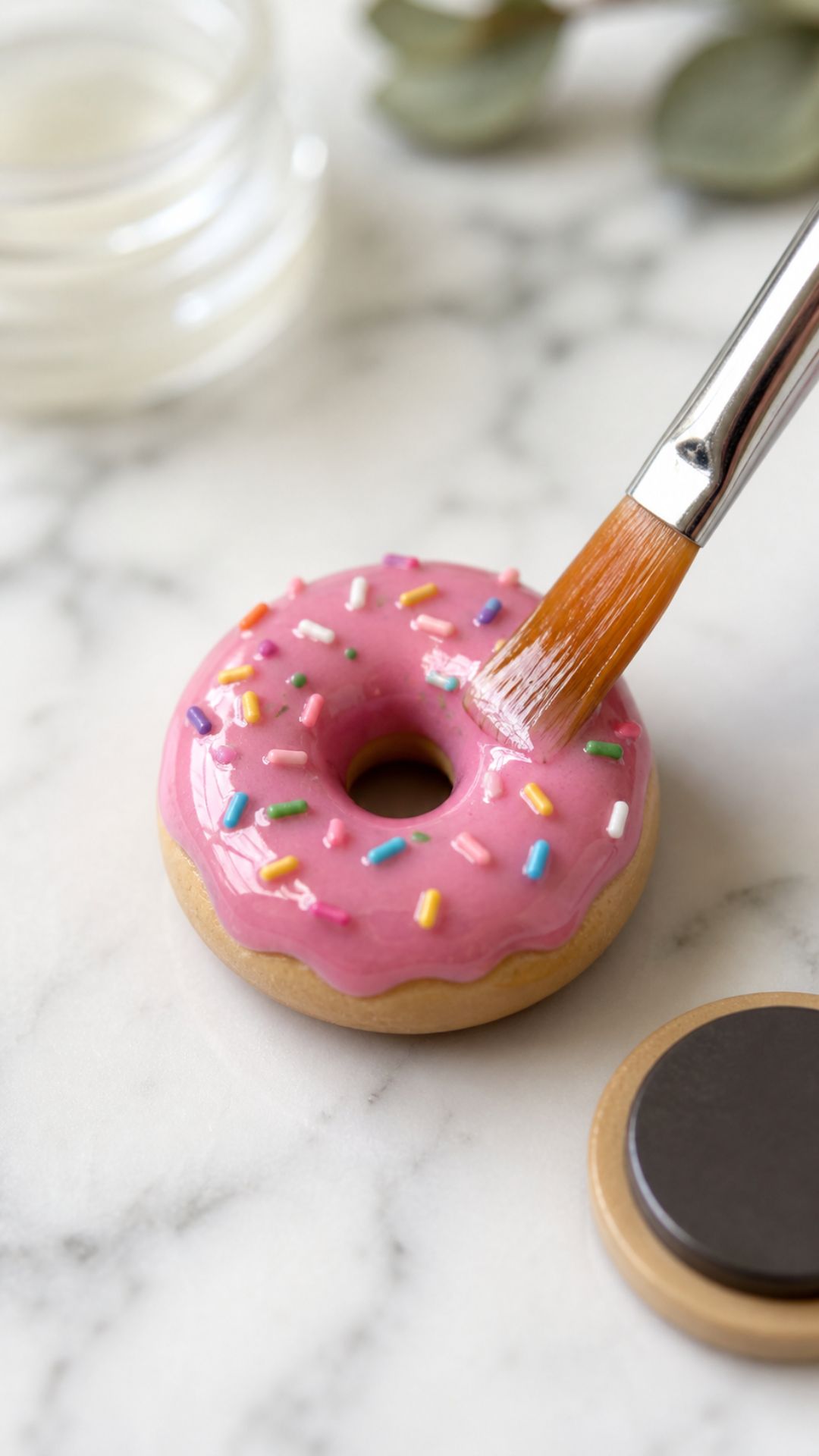 Fine soft brush applying a shiny gloss varnish coat over the pink glazed top of a finished baked polymer clay donut magnet on a white marble surface