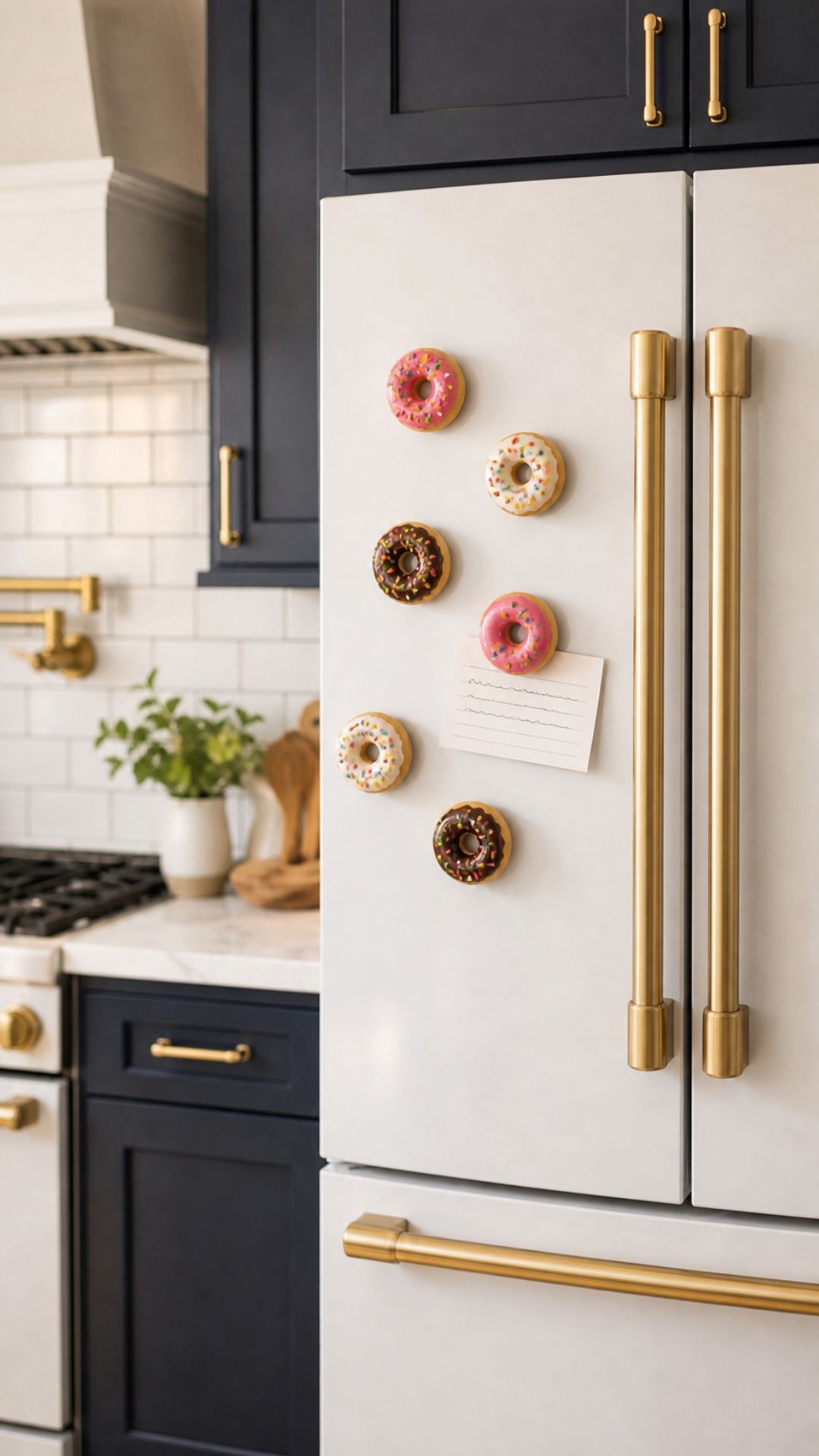 Cluster of handmade polymer clay donut fridge magnets in assorted glaze colors displayed on a white and gold kitchen refrigerator door in a styled home kitchen