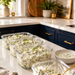 Four glass meal prep containers filled with low carb dill pickle salad lined up on a white quartz countertop in a bright luxury modern farmhouse kitchen with dark navy cabinetry, gold hardware, white subway tile, and lush green plants by the window.