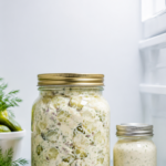 Low carb dill pickle salad stored in a large glass mason jar with a gold lid alongside a small jar of creamy dill dressing on a refrigerator shelf, with fresh dill and pickles visible in the background.