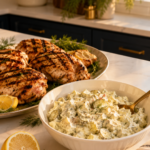 Grilled chicken thighs on a serving platter alongside a white bowl of creamy low carb dill pickle salad with a gold spoon, lemon halves, and fresh dill on a white quartz countertop with dark navy cabinetry and gold accents in the background.