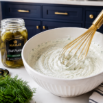 Gold whisk mixing creamy dill dressing in a large white ribbed bowl on a white quartz countertop, with a jar of dill pickles, fresh dill, and gold measuring spoons alongside, dark navy kitchen cabinetry visible in the background.