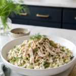 Large white bowl piled high with creamy dill pickle chicken salad topped with shredded chicken and fresh dill sprigs, a gold fork resting alongside on a white quartz countertop with dark navy cabinetry and a glass of fresh dill in the background.