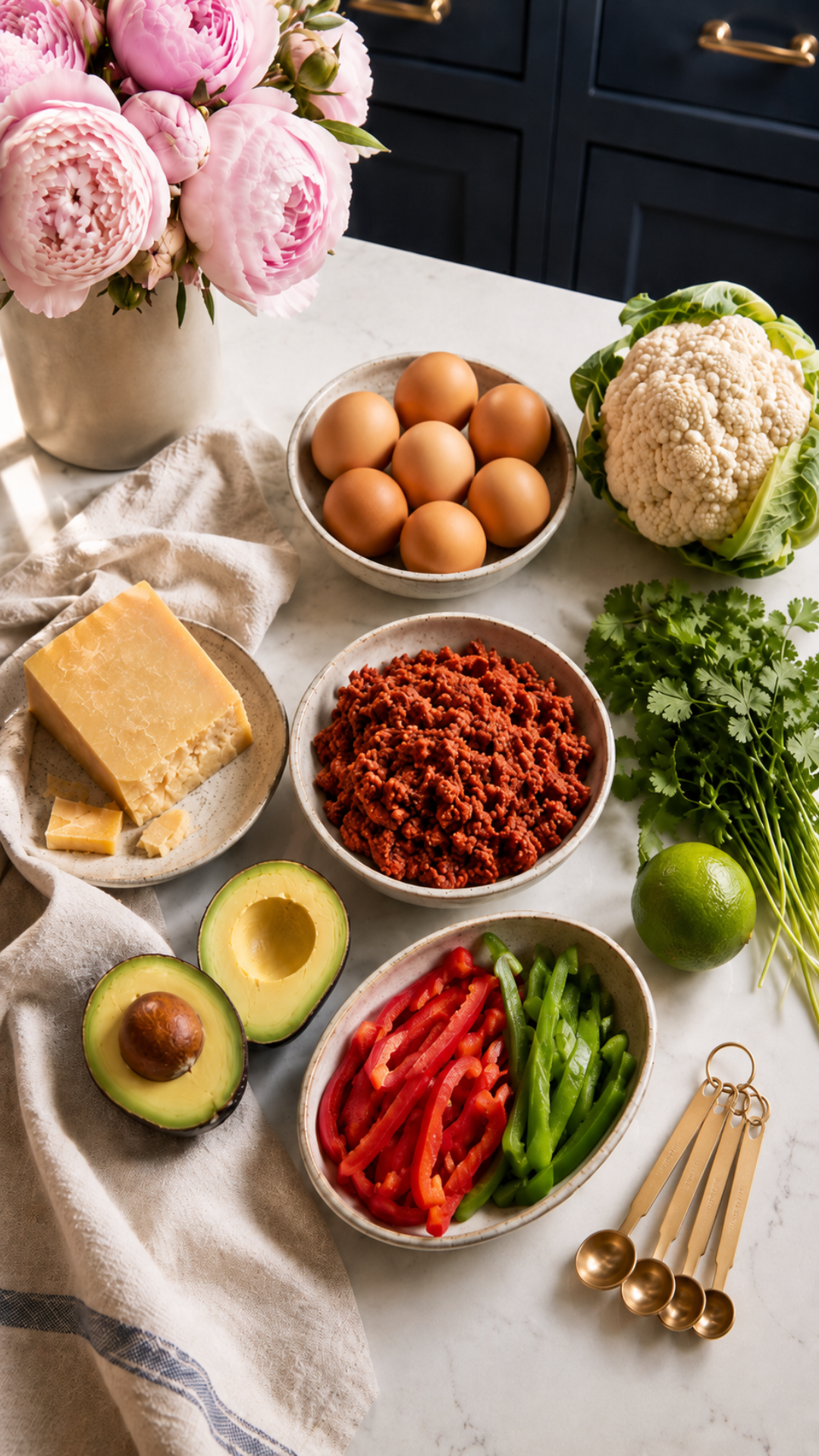 Flat lay of low carb Mexican breakfast ingredients including chorizo, avocado, eggs, cauliflower rice, red peppers, and cilantro on a white marble countertop with dark navy cabinetry in the background.