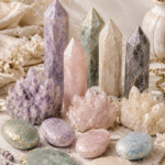 Flat lay of air dry clay crystal towers and tumbled stones in pastel purple, blush pink, sage green, cream, and grey with gold vein detailing, styled with dried pampas grass and gold chain jewelry on a white textured surface.
