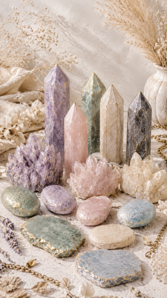 Flat lay of air dry clay crystal towers and tumbled stones in pastel purple, blush pink, sage green, cream, and grey with gold vein detailing, styled with dried pampas grass and gold chain jewelry on a white textured surface.