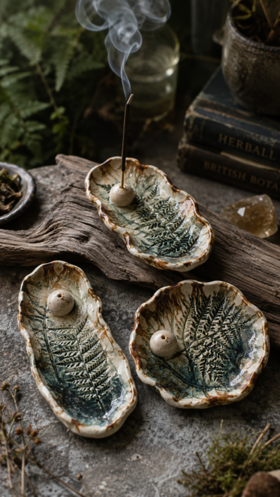 Three organic-shaped air dry clay incense holder dishes with detailed fern leaf impressions pressed into the clay, glazed in moody earthy tones of cream, forest green, and rust brown, each holding a small spherical incense stick holder, styled on a weathered driftwood plank with crystals, botanical books, and fresh fern fronds in a dark woodland flat lay.