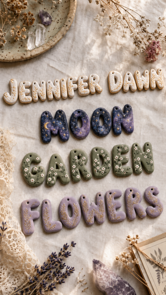 Flat lay of handmade air dry clay chunky letter ornaments arranged to spell JENNIFER DAWN, MOON, GARDEN, and FLOWERS in four color rows — cream with gold botanicals, dark navy with gold stars and crescent moon, sage green with white daisy florals, and lavender purple with gold wheat stems — styled on white linen with dried lavender, crystals, and lace.