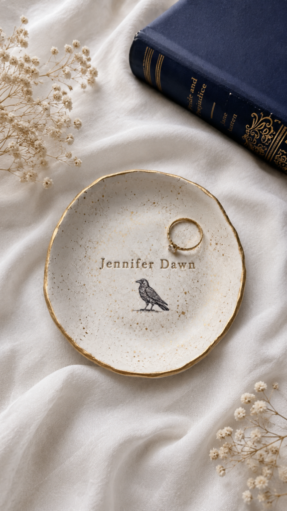 Overhead flat lay of a cream speckled air dry clay ring dish with irregular organic edges, gold rim detailing, a gold ring with crystal stone resting inside, stamped with the name Jennifer Dawn and a small raven illustration, surrounded by white linen fabric and dried baby's breath flowers.