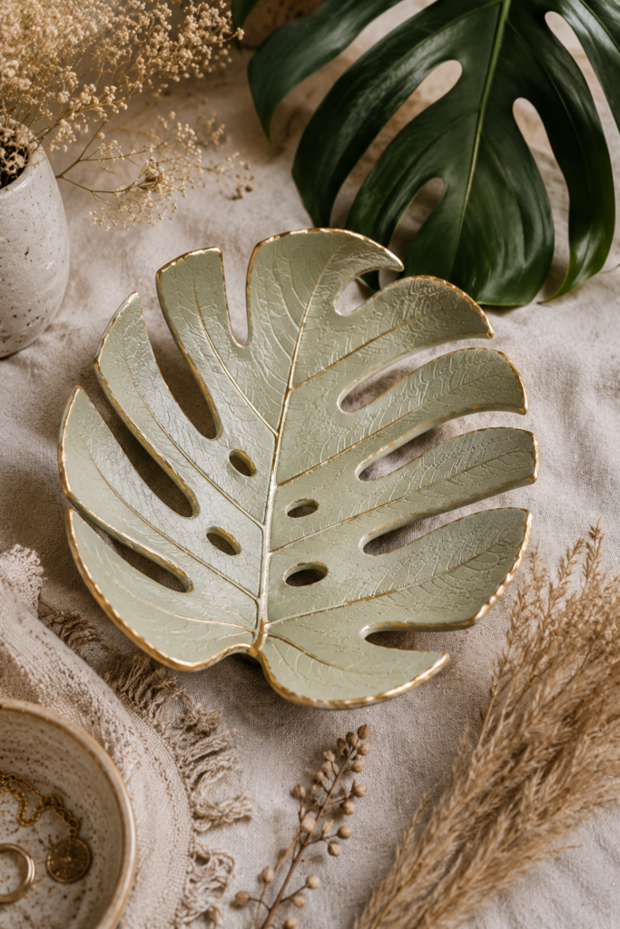 Overhead flat lay of a large air dry clay monstera leaf dish with detailed leaf vein impressions throughout, painted in sage green with brushed gold edges along the rim and veins, styled on a warm beige linen cloth with a real monstera leaf, dried pampas grass, baby's breath in a speckled ceramic vase, and a partial view of a jewelry dish in the lower left corner.