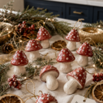 Eight handmade air dry clay mushroom ornaments with deep red caps and white polka dots on cream stems, hung with gold twine loops, styled on a linen-covered kitchen island surrounded by fresh cedar branches, dried orange slices, red berry clusters, pine cones, and fairy lights, with dark navy blue cabinetry, white quartz countertops, and gold accents visible in the background.