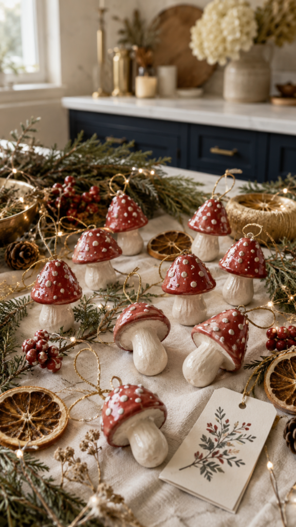 Eight handmade air dry clay mushroom ornaments with deep red caps and white polka dots on cream stems, hung with gold twine loops, styled on a linen-covered kitchen island surrounded by fresh cedar branches, dried orange slices, red berry clusters, pine cones, and fairy lights, with dark navy blue cabinetry, white quartz countertops, and gold accents visible in the background.