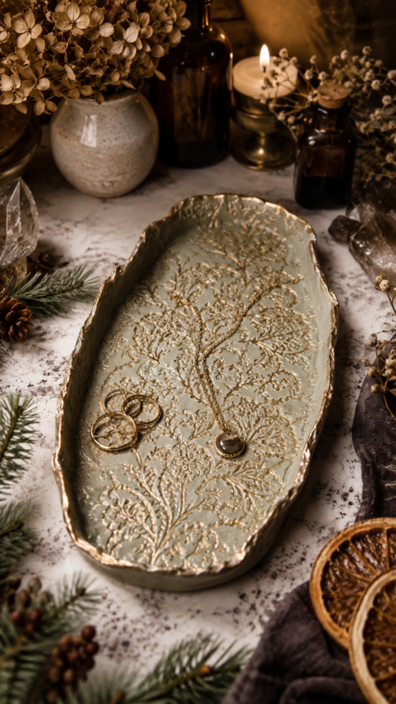 Overhead angled view of a large oval air dry clay jewelry tray painted sage green with intricate gold botanical branch and baby's breath impressions pressed across the entire surface and gold-leafed irregular edges, holding three gold stacking rings and a gold chain necklace with a labradorite pendant, styled on a white marble surface with fresh pine sprigs, pine cones, crystals, dried hydrangeas, baby's breath, amber apothecary bottles, and a lit candle in a moody witchy flat lay.