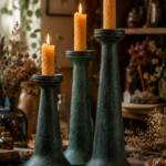 Three air dry clay taper candlesticks in graduating heights with a dark green aged verdigris patina finish, holding lit honeycomb beeswax candles, styled on a rustic wooden table surrounded by dried herbs, apothecary bottles, crystals, and botanical books in a moody witchy cottage setting.
