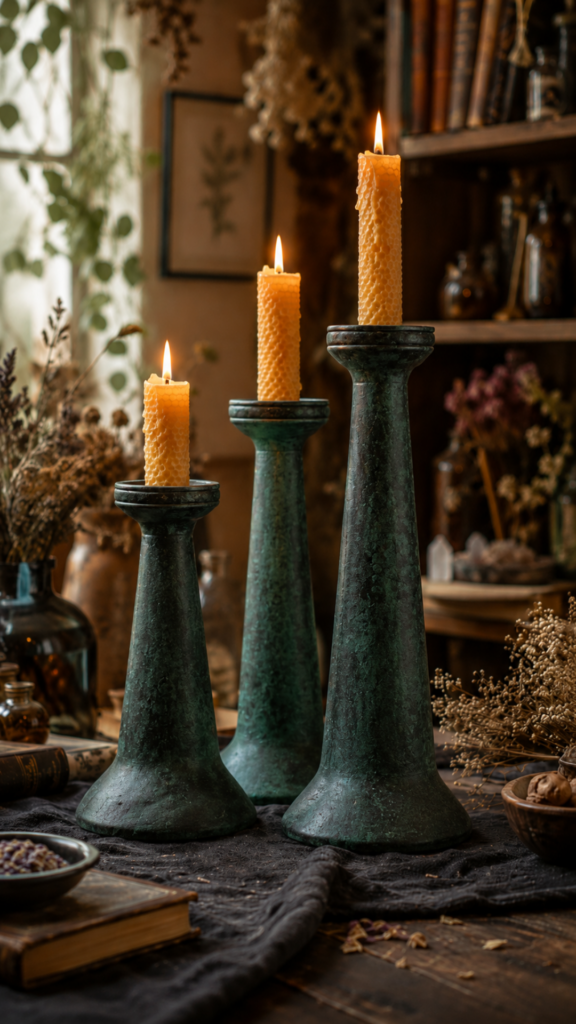 Three air dry clay taper candlesticks in graduating heights with a dark green aged verdigris patina finish, holding lit honeycomb beeswax candles, styled on a rustic wooden table surrounded by dried herbs, apothecary bottles, crystals, and botanical books in a moody witchy cottage setting.
