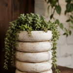Pinterest pin graphic showing a white distressed textured air dry clay stacked ring planter holding a blue-green echeveria succulent and trailing string of pearls plant, styled on a wooden shelf with books, a lit amber candle, and trailing ivy, with cream text overlay for a beginner's clay idea guide on jenniferdawn.ca.