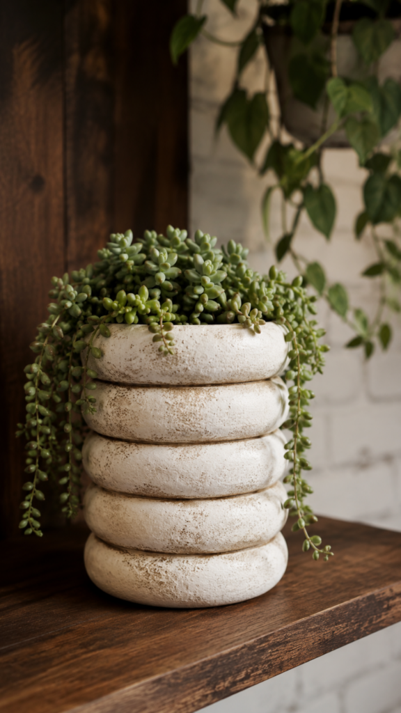 Pinterest pin graphic showing a white distressed textured air dry clay stacked ring planter holding a blue-green echeveria succulent and trailing string of pearls plant, styled on a wooden shelf with books, a lit amber candle, and trailing ivy, with cream text overlay for a beginner's clay idea guide on jenniferdawn.ca.