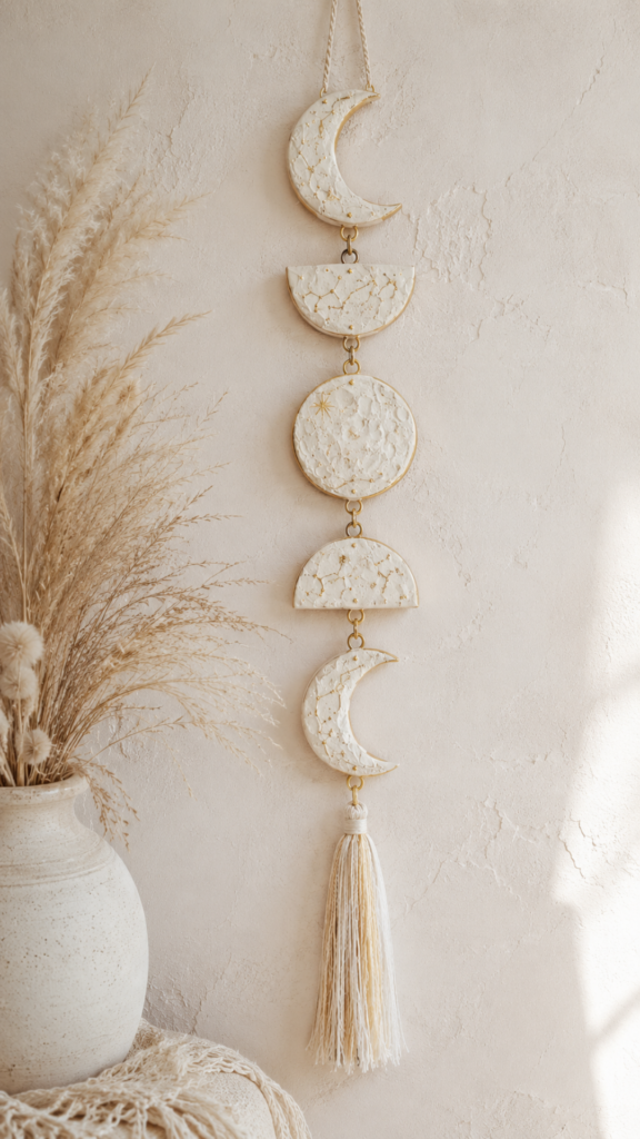 White air dry clay moon phase wall hanging with five moon shapes in varying phases — crescent, quarter, full, and waning — embossed with gold constellation patterns and connected by small gold chain links, ending in a long cream and gold macrame tassel, hung on a warm plaster wall beside a vase of dried pampas grass.