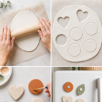 Step-by-step tutorial pin showing four stages of making air dry clay fridge magnets at home — rolling clay, cutting shapes, painting, and finished magnets on a fridge