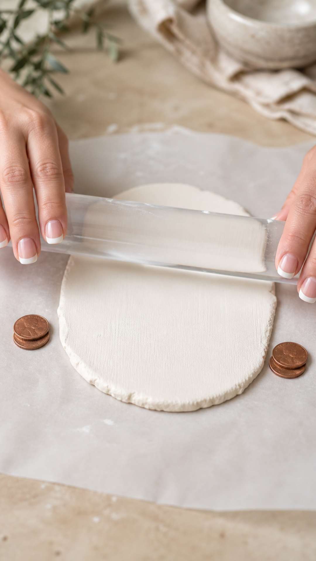 Hands rolling white air dry clay on parchment paper with a smooth rolling pin, two stacked pennies on either side as thickness guides, overhead view