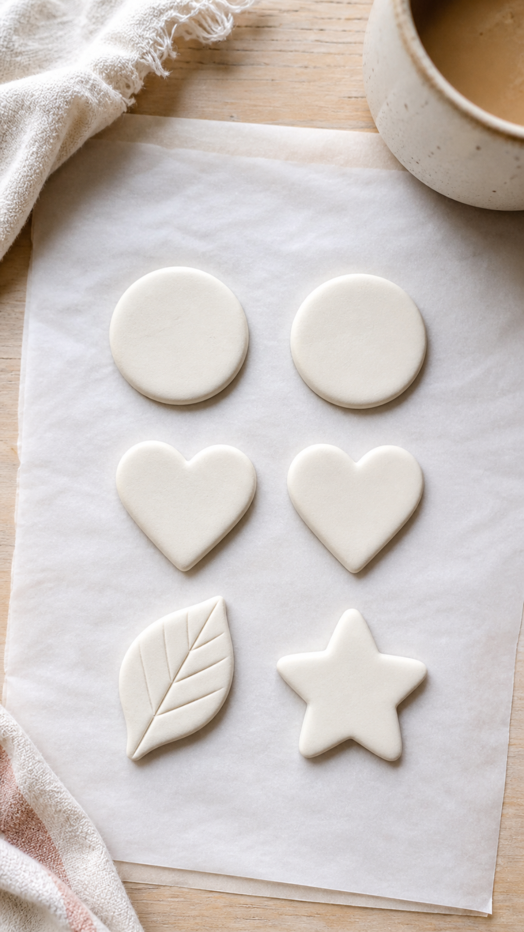 Freshly cut air dry clay shapes — hearts, circles, and stars — laid out on a white marble surface ready to dry, overhead flat lay view