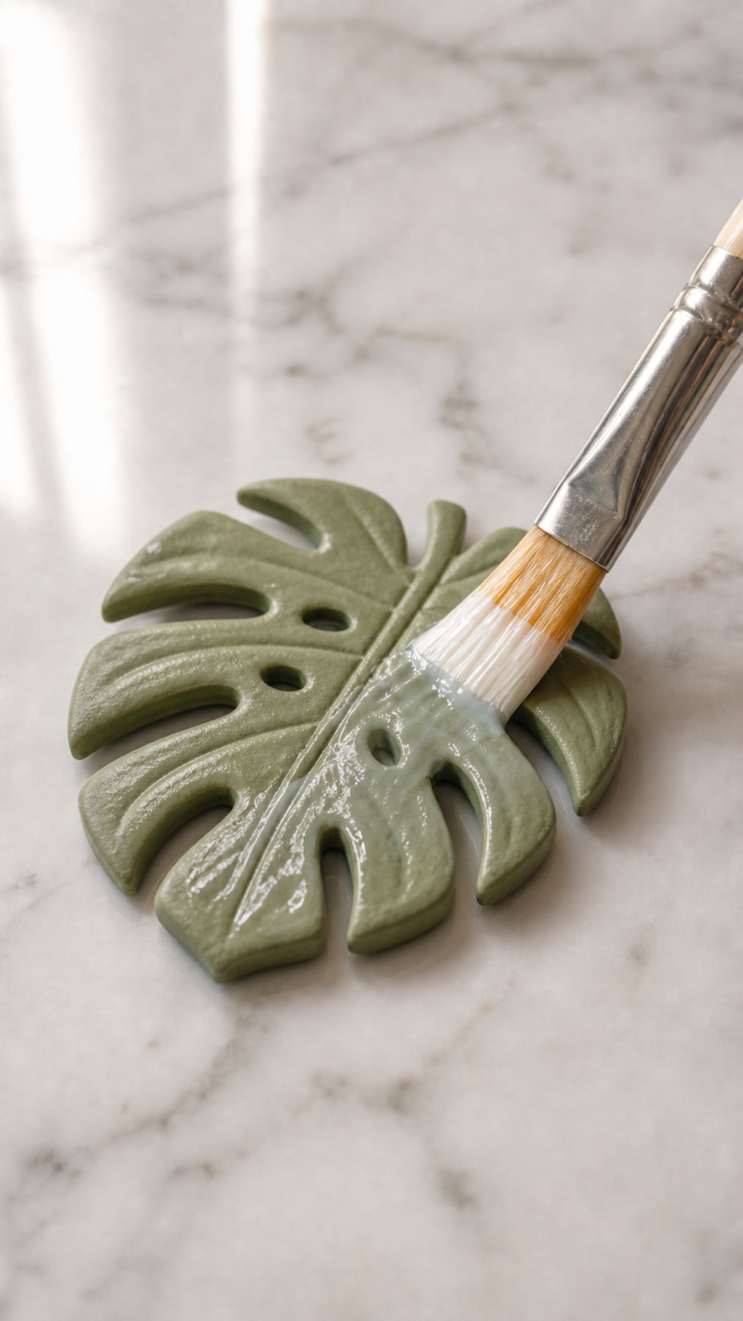 Close-up of a hand painting a small round air dry clay magnet with a fine brush in terracotta paint on a marble surface