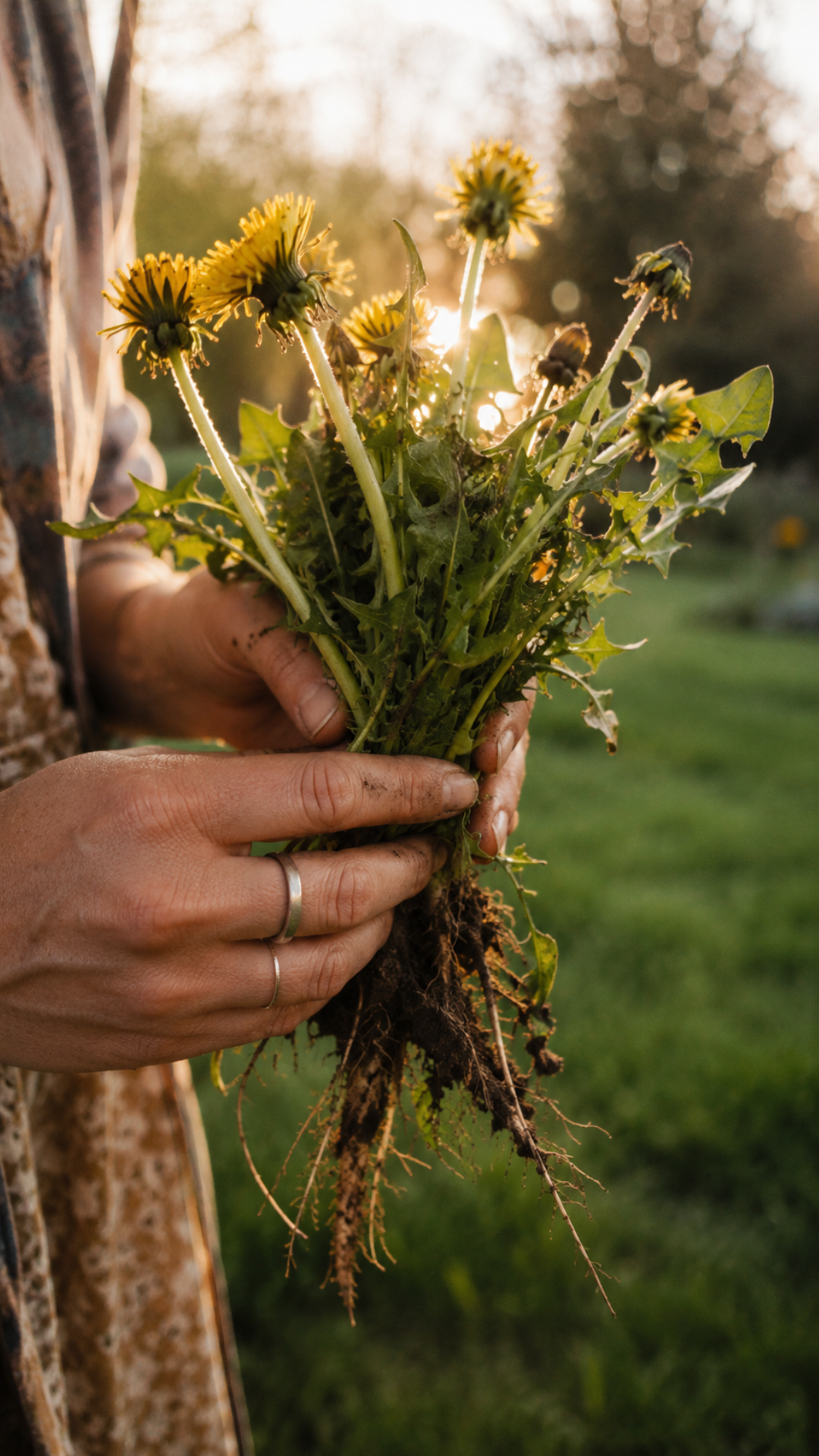 Hands holding freshly foraged dandelion plants with roots and yellow flowers attached, golden hour sunlight in the background, lush green lawn, spring foraging