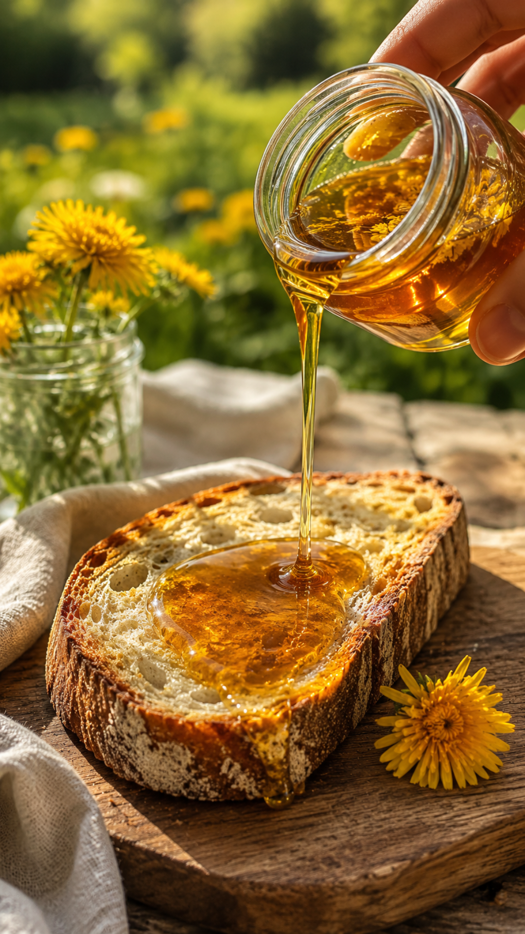 Golden dandelion flower syrup being poured from a glass mason jar onto a thick slice of rustic sourdough toast, fresh dandelion flowers in the background, sunny outdoor setting, wooden table