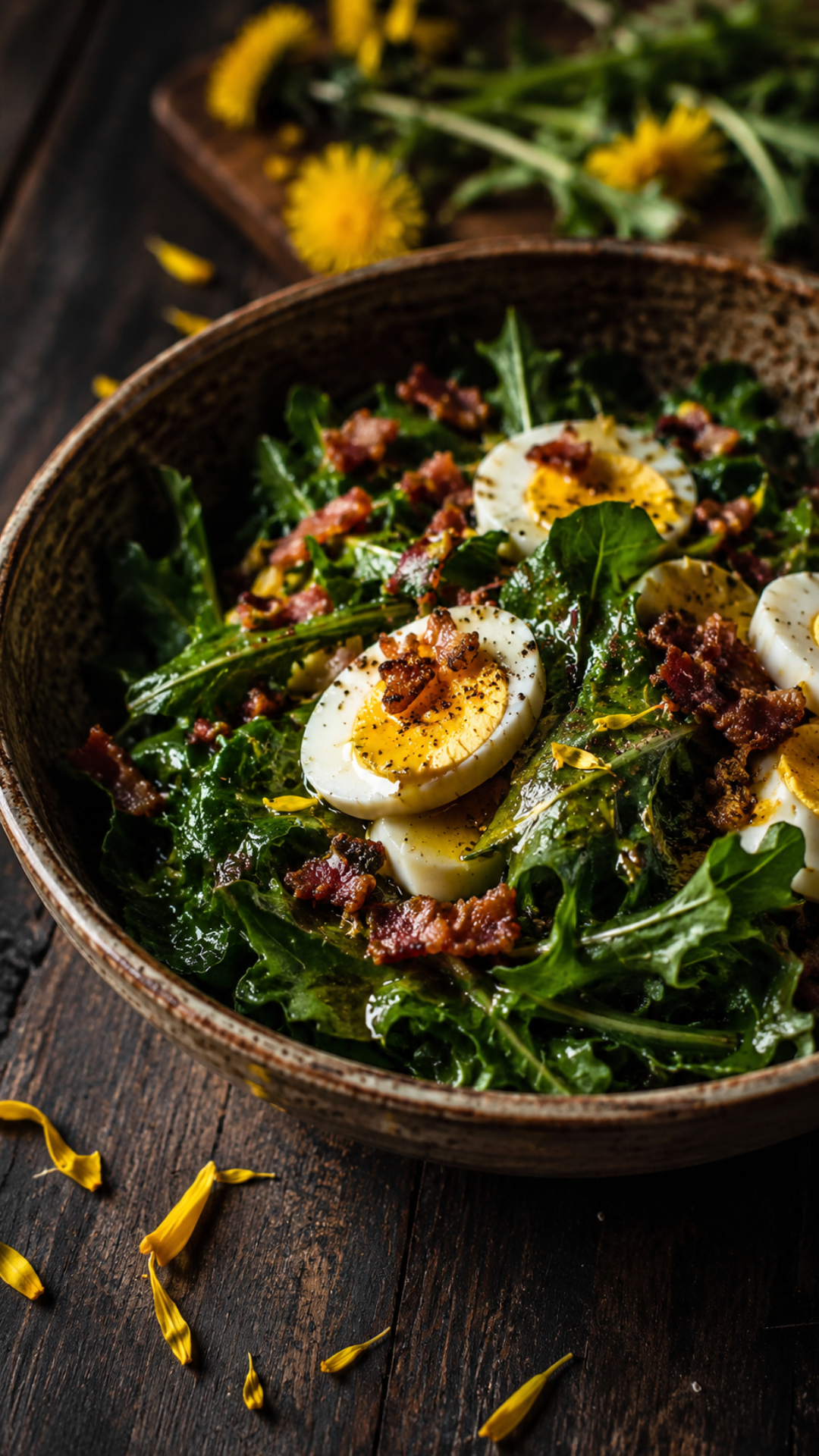Rustic ceramic bowl filled with wilted dandelion greens salad topped with crumbled bacon, sliced hard-boiled eggs, and warm glossy dressing, yellow dandelion petals scattered on dark wooden table