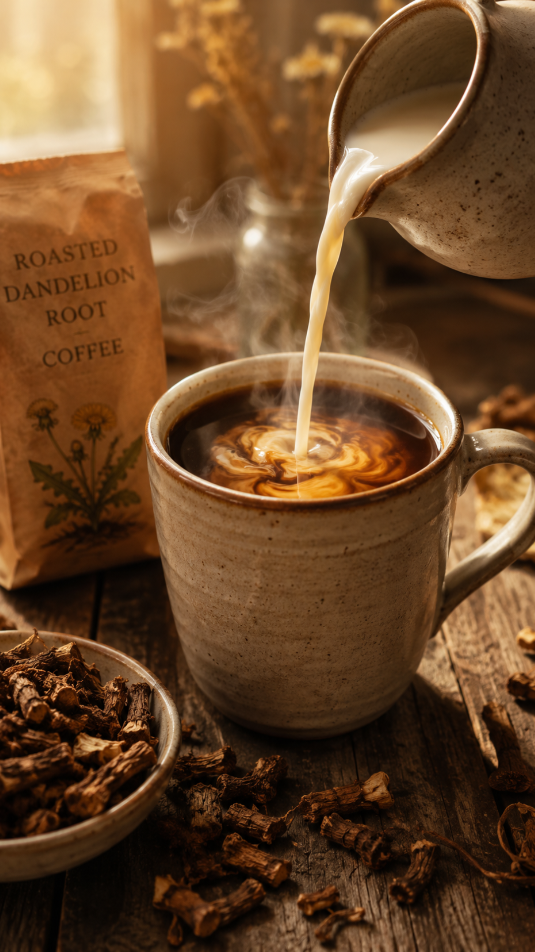 Steaming ceramic mug of dark dandelion root coffee with oat milk being poured in a slow stream, roasted dandelion root pieces in the foreground, warm golden morning light, rustic wooden table