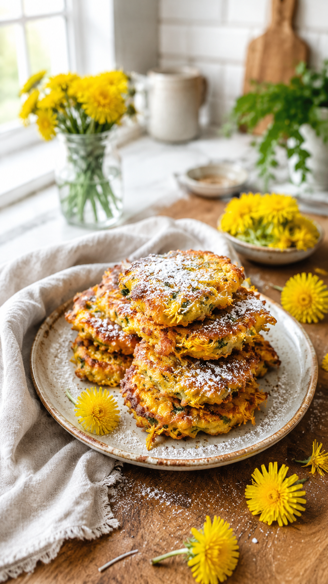 Stack of golden crispy dandelion flower fritters dusted with powdered sugar on a ceramic plate, fresh yellow dandelion flowers scattered around, bright airy kitchen with window light in the background, linen napkin