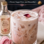 Iced jasmine rose latte in a short tumbler glass with frothed cream swirling through pale blush tea, fresh rose bloom and jasmine buds on a white quartz surface, luxury modern farmhouse kitchen, low carb jasmine tea recipe