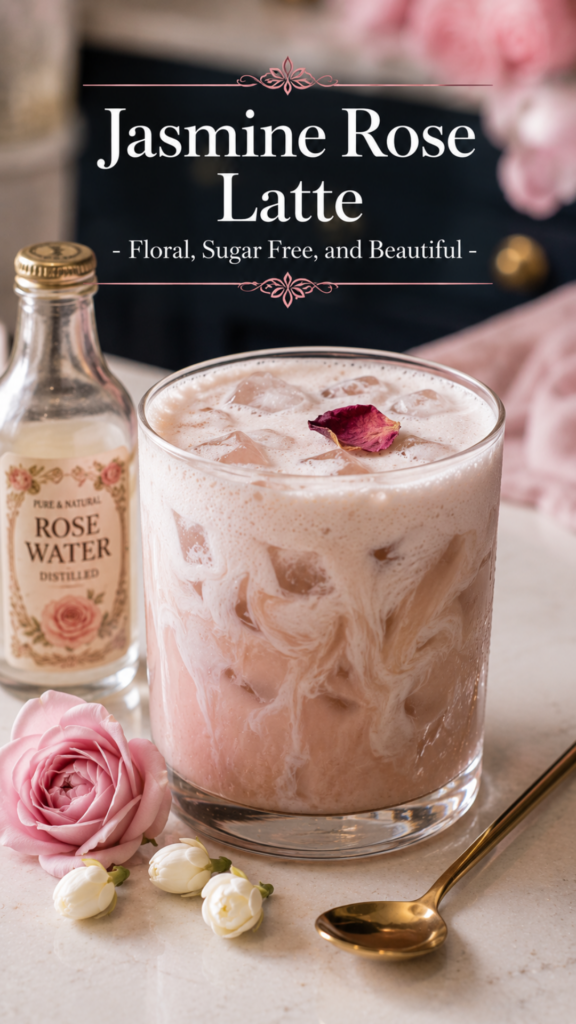 Iced jasmine rose latte in a short tumbler glass with frothed cream swirling through pale blush tea, fresh rose bloom and jasmine buds on a white quartz surface, luxury modern farmhouse kitchen, low carb jasmine tea recipe