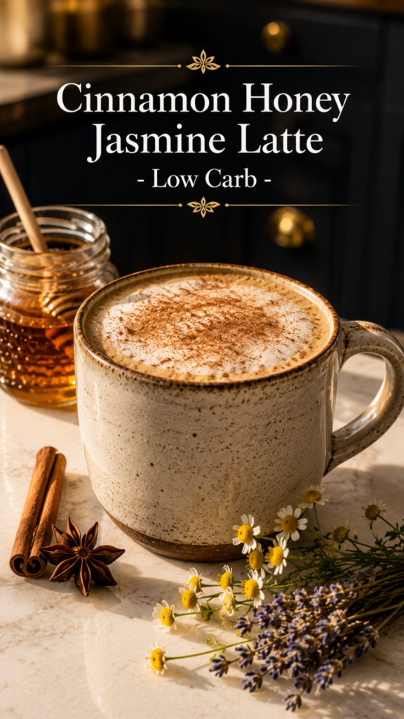 Ceramic mug of cinnamon honey jasmine latte with frothed milk and cinnamon dusting, star anise and cinnamon stick on white quartz, fresh chamomile and lavender beside mug, cozy low carb jasmine latte recipe