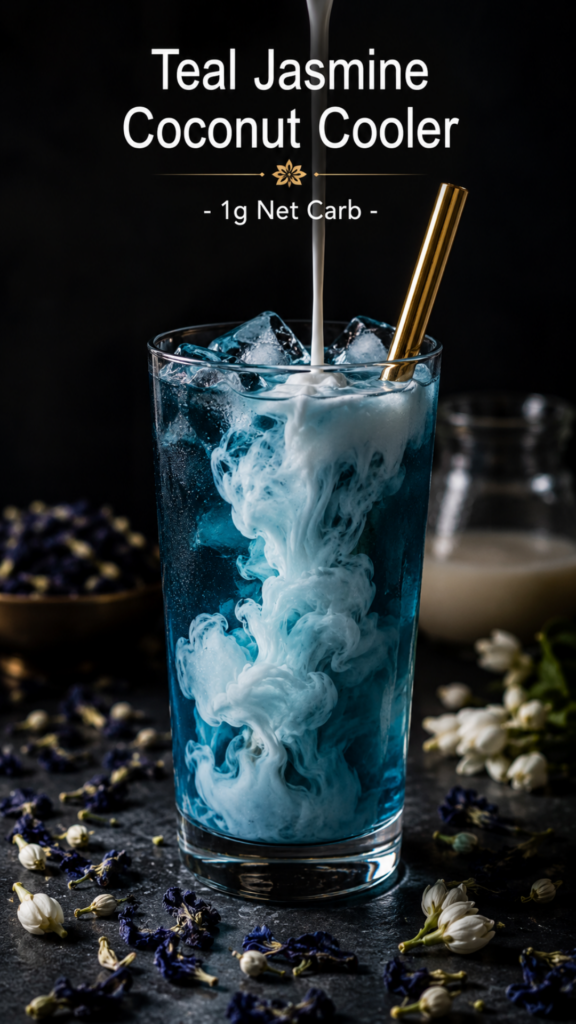 Tall glass of teal butterfly pea flower jasmine coconut cooler over ice with coconut milk cloud effect, dark moody background, scattered butterfly pea flowers and jasmine buds, teal aesthetic low carb drink