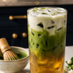 Tall clear glass of iced jasmine matcha latte with vivid green matcha layer and amber jasmine tea layer over ice, frothed oat milk, white quartz surface, low carb jasmine matcha latte recipe