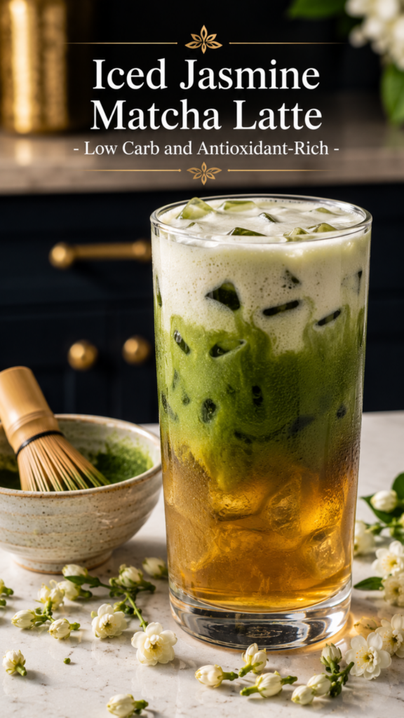 Tall clear glass of iced jasmine matcha latte with vivid green matcha layer and amber jasmine tea layer over ice, frothed oat milk, white quartz surface, low carb jasmine matcha latte recipe