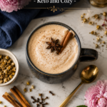 Overhead flat lay of jasmine chai milk tea in a dark ceramic mug with star anise and cinnamon stick on white quartz, dried chamomile and fresh peonies, low carb jasmine chai milk tea recipe