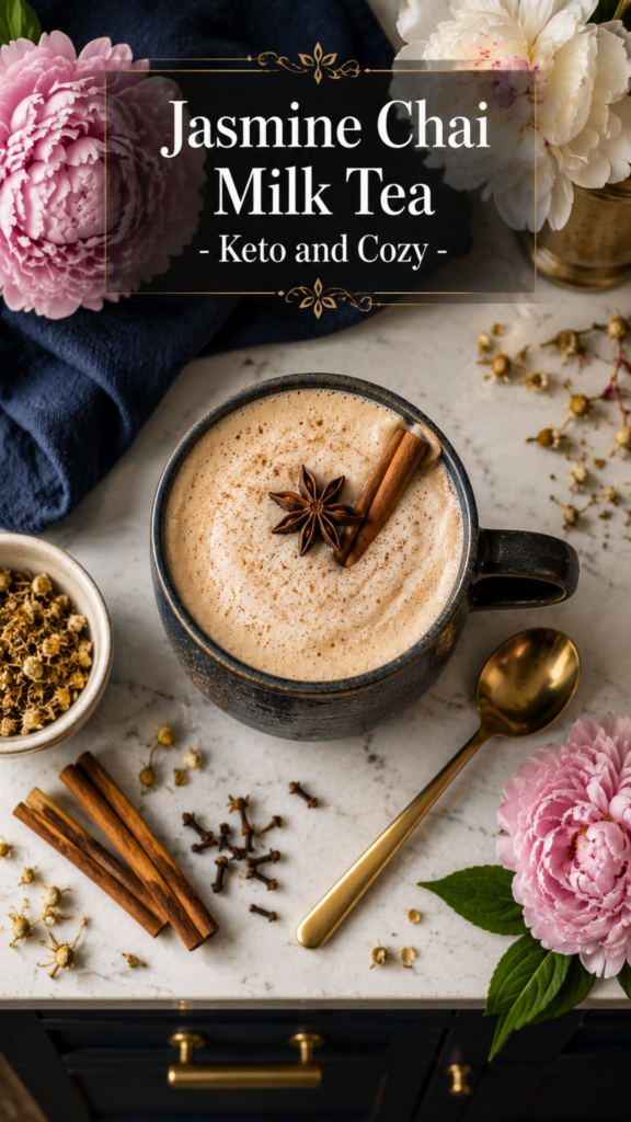 Overhead flat lay of jasmine chai milk tea in a dark ceramic mug with star anise and cinnamon stick on white quartz, dried chamomile and fresh peonies, low carb jasmine chai milk tea recipe