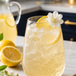 Tall stemless wine glass of sparkling jasmine lemonade over crushed ice with lemon wheel and jasmine flower on rim, white quartz surface, brushed gold accents, low carb sparkling jasmine lemonade recipe