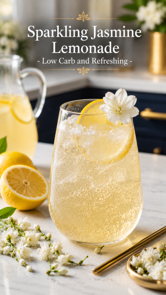Tall stemless wine glass of sparkling jasmine lemonade over crushed ice with lemon wheel and jasmine flower on rim, white quartz surface, brushed gold accents, low carb sparkling jasmine lemonade recipe