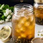 Wide-mouth mason jar of overnight cold brew jasmine tea over ice on white quartz countertop, condensation on the glass, scattered jasmine tea buds and cheesecloth strainer beside the jar, dark navy farmhouse kitchen background, overnight jasmine cold brew zero carb recipe