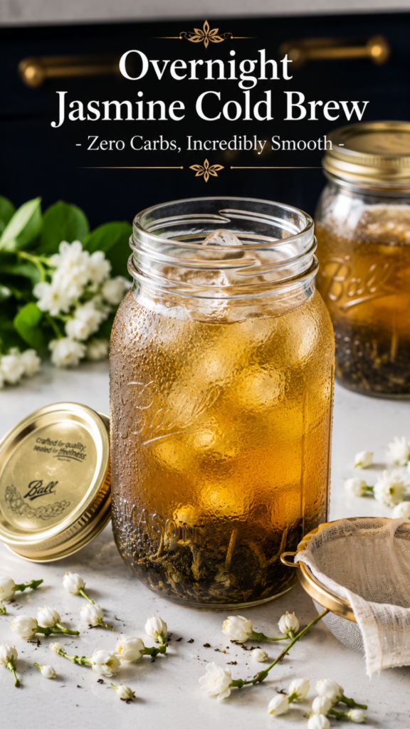 Wide-mouth mason jar of overnight cold brew jasmine tea over ice on white quartz countertop, condensation on the glass, scattered jasmine tea buds and cheesecloth strainer beside the jar, dark navy farmhouse kitchen background, overnight jasmine cold brew zero carb recipe