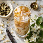Tall clear glass of iced vanilla jasmine milk tea with heavy cream swirling through amber tea, loose jasmine buds and a vanilla bean on white quartz countertop, sugar free vanilla jasmine milk tea recipe