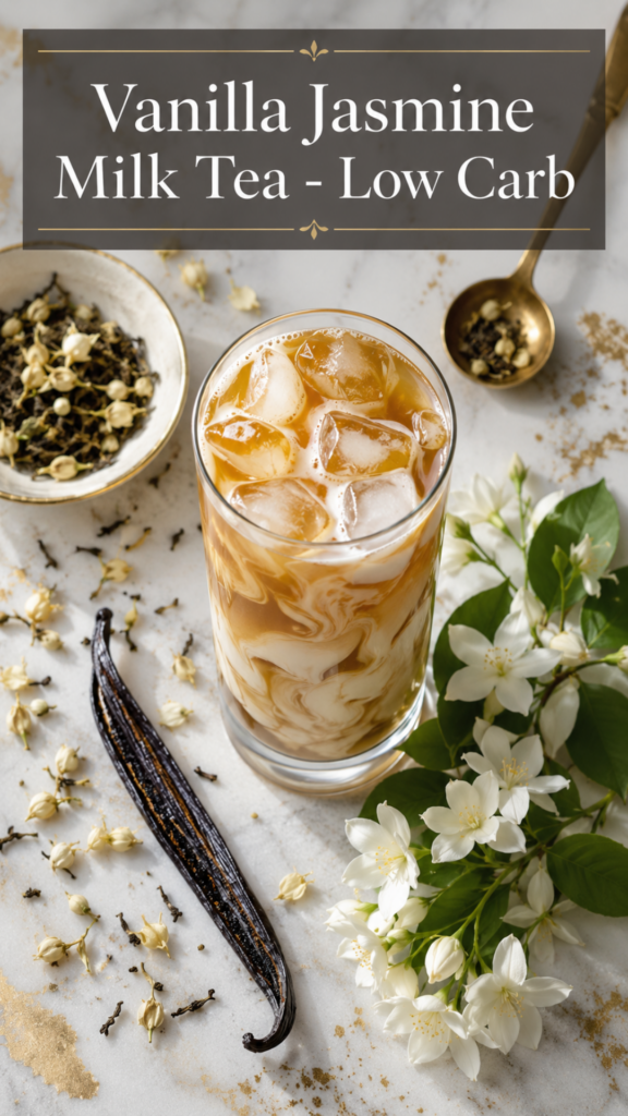 Tall clear glass of iced vanilla jasmine milk tea with heavy cream swirling through amber tea, loose jasmine buds and a vanilla bean on white quartz countertop, sugar free vanilla jasmine milk tea recipe