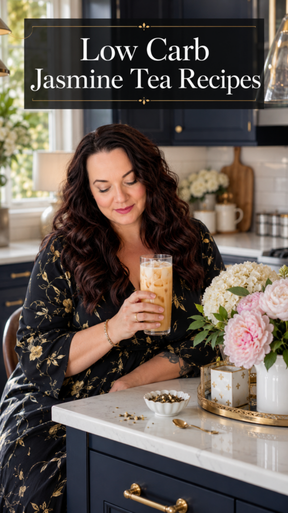 Plus-size woman with dark mahogany hair in a luxury modern farmhouse kitchen with dark navy cabinetry and brushed gold hardware holding an iced jasmine tea drink, 10 low carb jasmine tea recipes
